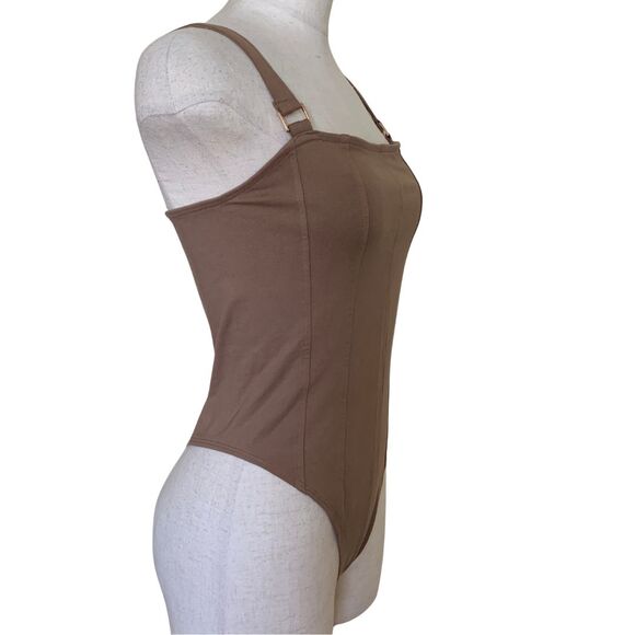 H&M Brown Thong Bodysuit Top with Gold Detail Women’s Size S - Picture 3 of 9